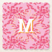 Winding Peony Woodcut Pink + Orange Personalized ペーパーコースター (正面)