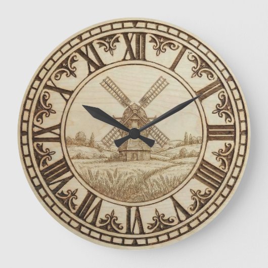Windmill Wall Clock – Rustic Wood-Burned Style ラージ壁時計 (正面)