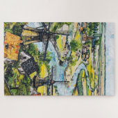 Windmills and Church by River Fantasy Painting ジグソーパズル (横)