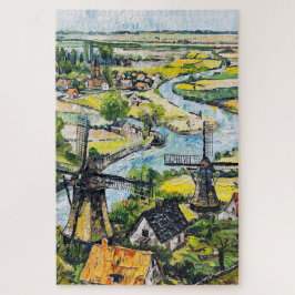 Windmills and Church by River Fantasy Painting ジグソーパズル