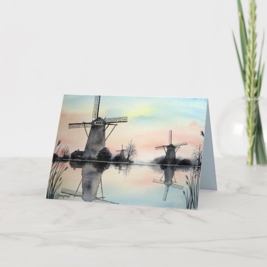 Windmills at Dawn Water color 絵を描 Landscape サンキューカード (正面)