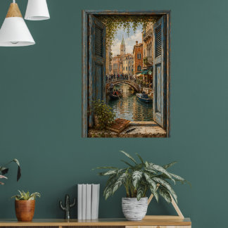 Window to Venice Canal Gondola Oil Painting ポスター