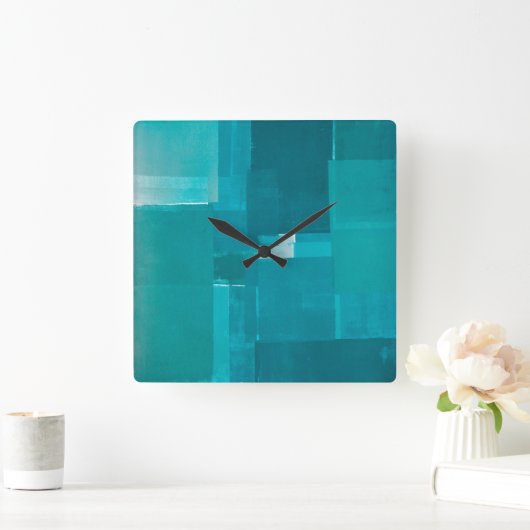 'Windows'ティール(緑がかった色)抽象芸術アート スクエア壁時計 (ホーム)