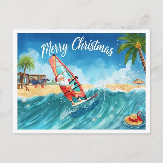 Windsurfing Santa Beach Christmas Card シーズンポストカード (正面)