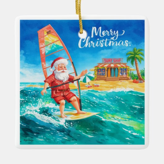 Windsurfing Santa Beach Christmas Card セラミックオーナメント (正面)