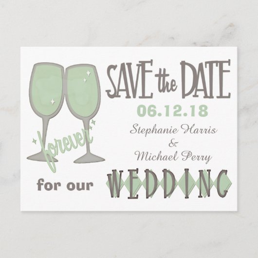 Wine お洒落 Glasses Save the Date 結婚's 案内ポストカード (正面)