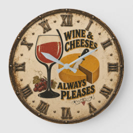 Wine and Cheese Always Pleases Rustic Kitchen ラージ壁時計