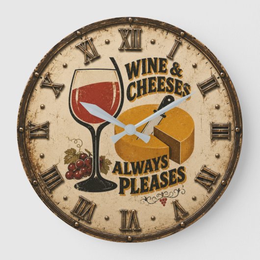 Wine and Cheese Always Pleases Rustic Kitchen ラージ壁時計 (正面)