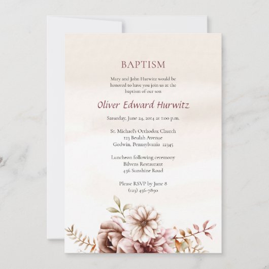 Wine and Cream Boho Flowers Orthodox Baptism       招待状 (正面)