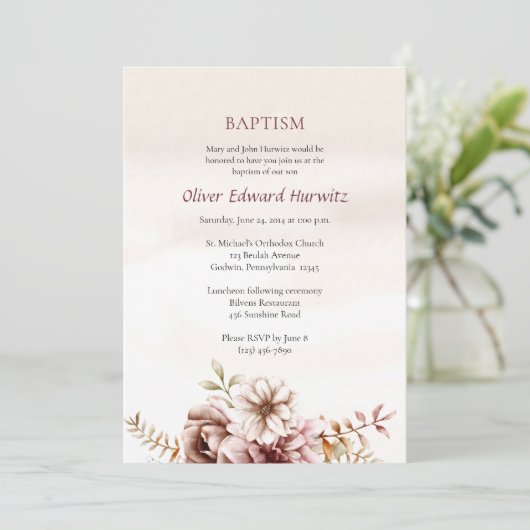 Wine and Cream Boho Flowers Orthodox Baptism       招待状 (スタンド正面)