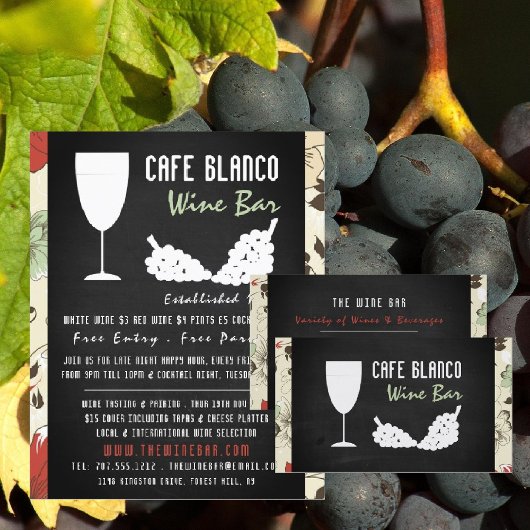 Wine And Grapes, Floral Chalkboard Wine Bar/Winery チラシ