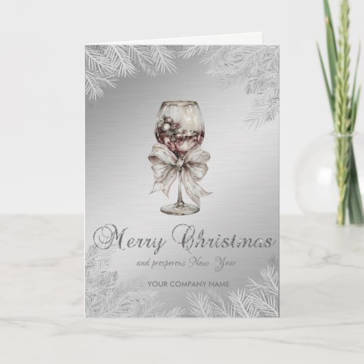 Wine Bow Christmas Tree Branches Silver Corporate シーズンカード (正面)