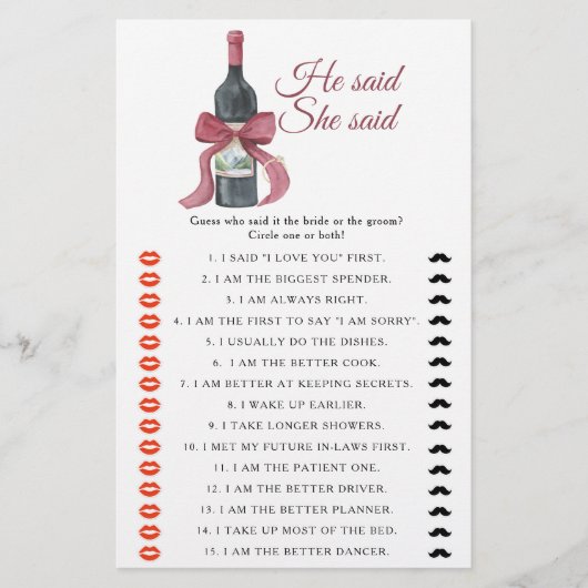 Wine Bridal shower He said she said game (正面)