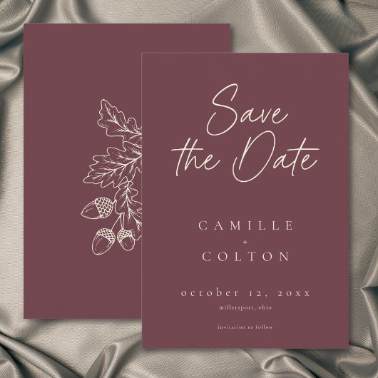 Wine Burgundy Leaf Acorn Fall Minimalist Wedding セーブザデート