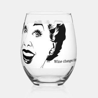 Wine Changes Things! レトロイラストの幸せな女性 ステムなしワイングラス