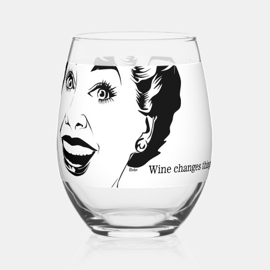 Wine Changes Things! レトロイラストの幸せな女性 ステムなしワイングラス (裏面)