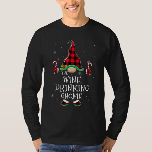 Wine Drinking Gnome Buffalo Plaid Matching Family Tシャツ (正面)