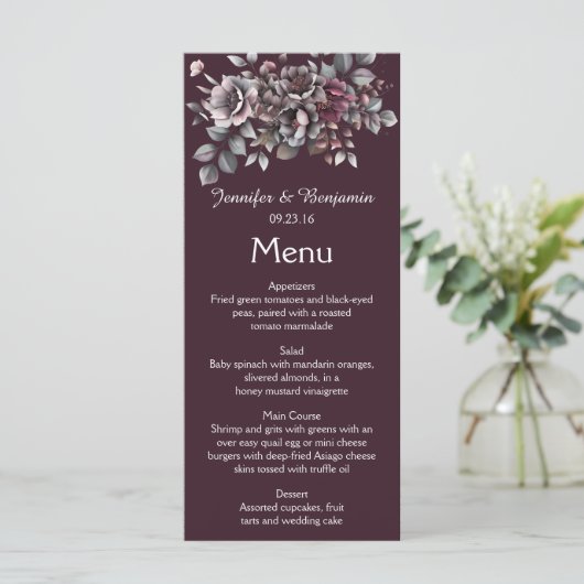 Wine, Dusty Purple, Dark Teal Wedding | メニュー (スタンド正面)