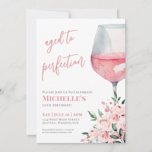 Wine Floral 50th Birthday Party 招待状 (正面)