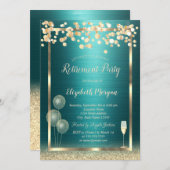 Wine Glass Balloons Gold Glitter Green Retirement 招待状 (正面/裏面)