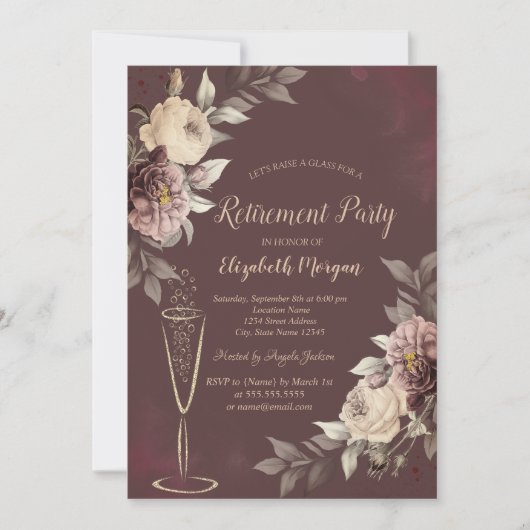  Wine Glass Blush Roses Brown Retirement 招待状 (正面)