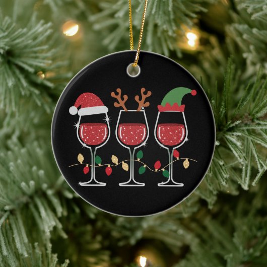 Wine Glass Christmas Lights Xmas Holiday Drinking セラミックオーナメント (ツリー)