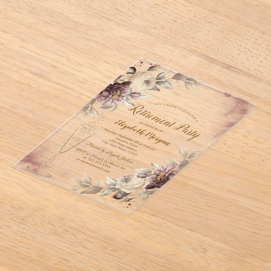  Wine Glass Dark Roses Retirement アクリル招待状 (レイダウン)