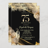 Wine Glass Gold Confetti Balloons 75th Birthday 招待状 (正面/裏面)