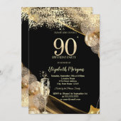 Wine Glass Gold Confetti Balloons 90th Birthday 招待状 (正面/裏面)