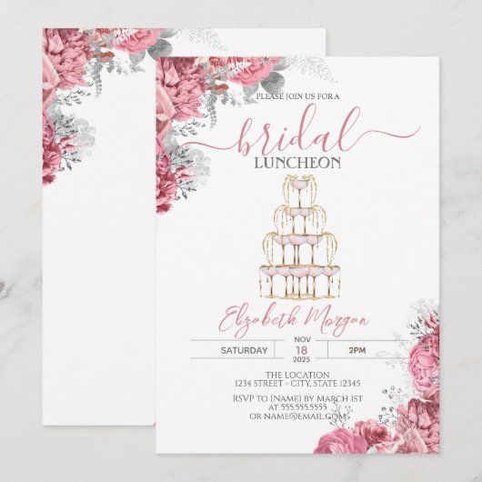  Wine Glass Pink  Roses Bridal Luncheon 招待状 (正面/裏面)