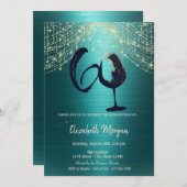 Wine Glass String Lights Green Metallic 60th  招待状 (正面/裏面)