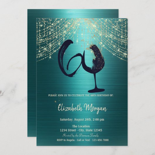 Wine Glass String Lights Green Metallic 60th  招待状 (正面/裏面)