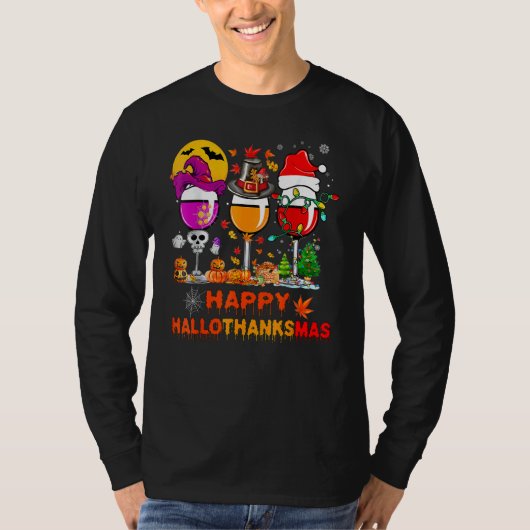 Wine Glasses Witch Santa Hat Pumpkin Happy Halloth Tシャツ (正面)