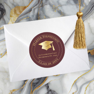 Wine Gold Grad Cap Class of 2026 Return Address ラウンドシール