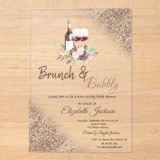 Wine Grapes Glitter Bokeh Brunch & Bubbly  アクリル招待状 (正面)