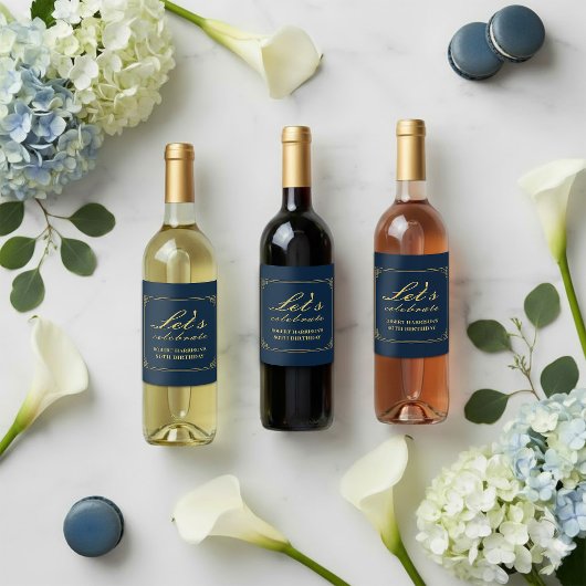 Wine Label Chic Luxury Navy Gold 80th Birthday ワインラベル