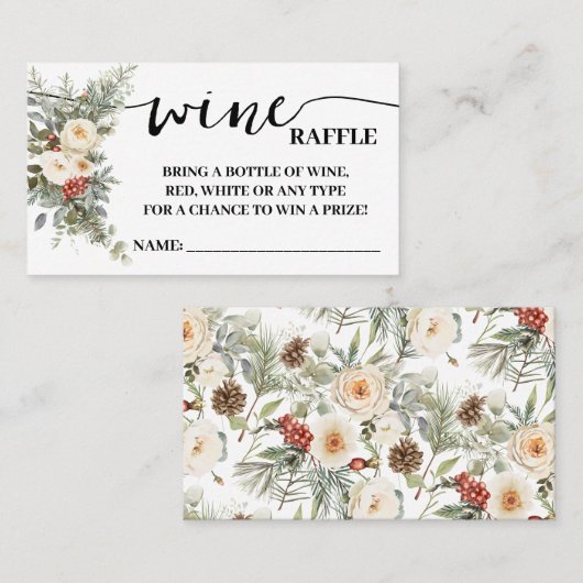 Wine Raffle Ticket Shower Card White Winter Floral プレイスカード (正面/裏面)