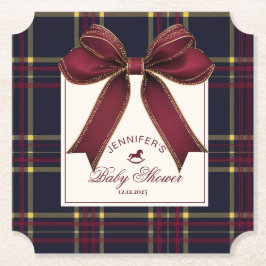 Wine Red Bow Rocking horse plaid Baby Shower ペーパーコースター