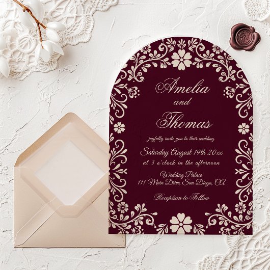 Wine Red Mexican Floral Wedding Invitation 招待状