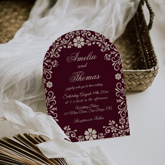 Wine Red Mexican Floral Wedding Invitation 招待状