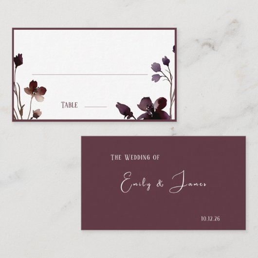 Wine Red Plum Mauve Fall Floral Wedding プレイスカード (正面/裏面)