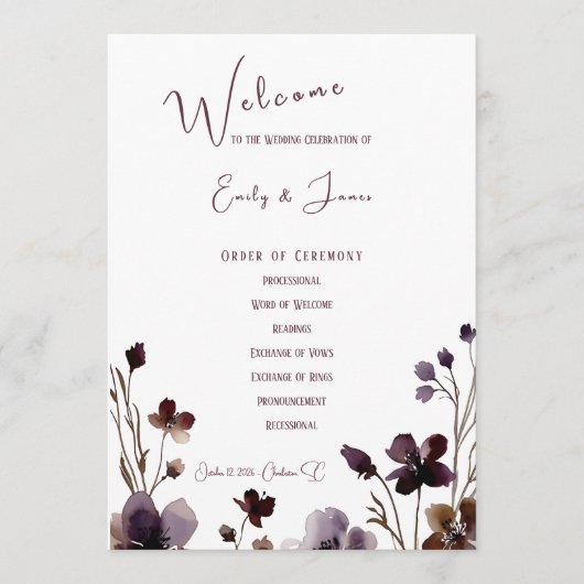 Wine Red Plum Mauve Fall Floral Wedding プログラム (正面)