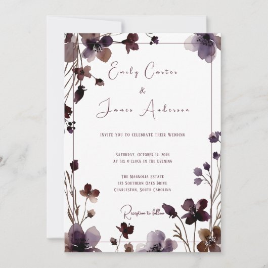 Wine Red Plum Mauve Fall Floral Wedding 招待状 (正面)