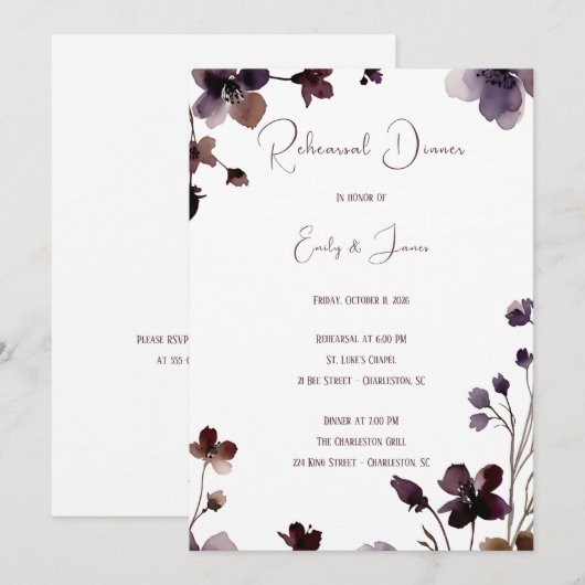 Wine Red Plum Mauve Fall Floral Wedding 招待状 (正面/裏面)
