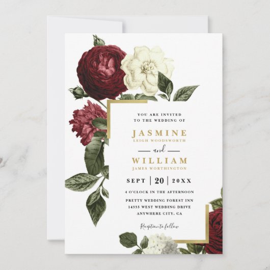 Wine Red Roses Rustic Country QR Code Wedding 招待状 (正面)