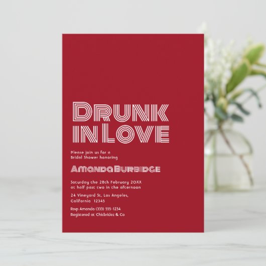 Wine Red Script Drunk in Love Retro Bridal Shower 招待状 (スタンド正面)