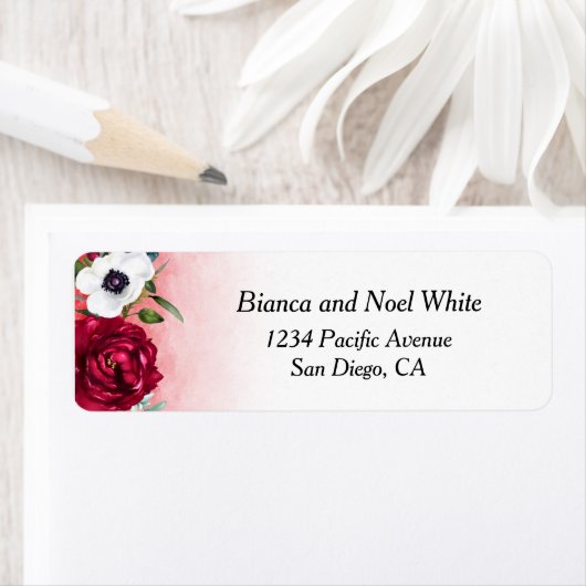  Wine Red White floral Return Address  ラベル (インサイチュ)