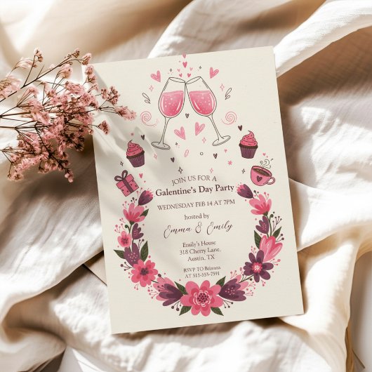 Wine Toast Floral Galentine's Invitation 招待状