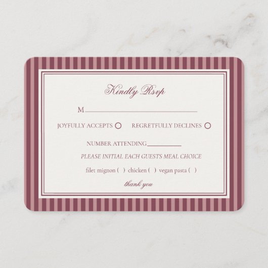 Wine Vineyard Club Old Money Striped Wedding RSVP エンクロージャーカード (正面)