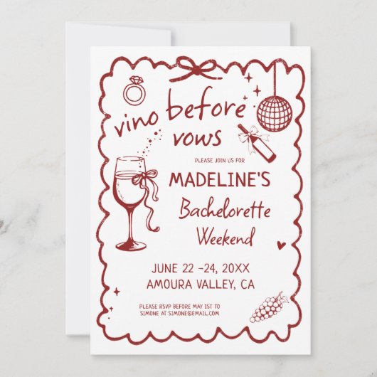 Winery Bachelorette Vino Before Vows Red Itinerary 招待状 (正面)